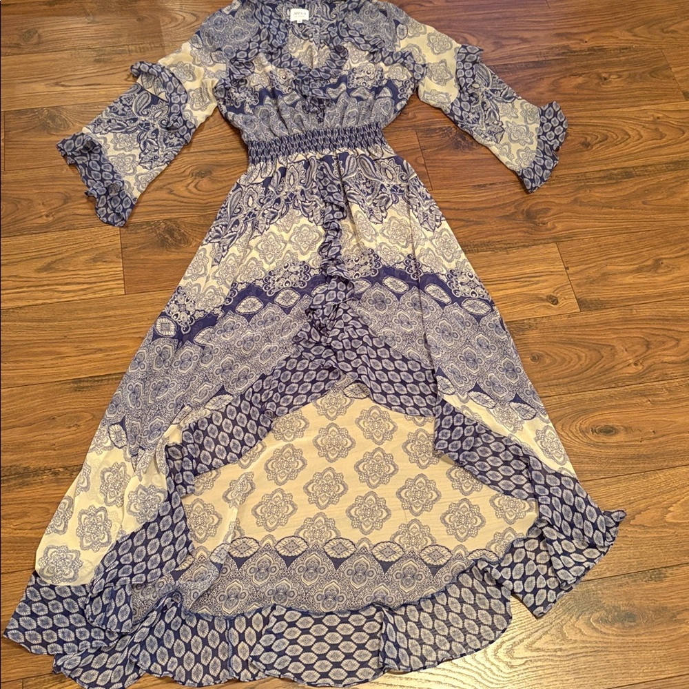 Misa Los Angeles High/Low Bohemian Maxi Dress with Blue and Cream Patterns